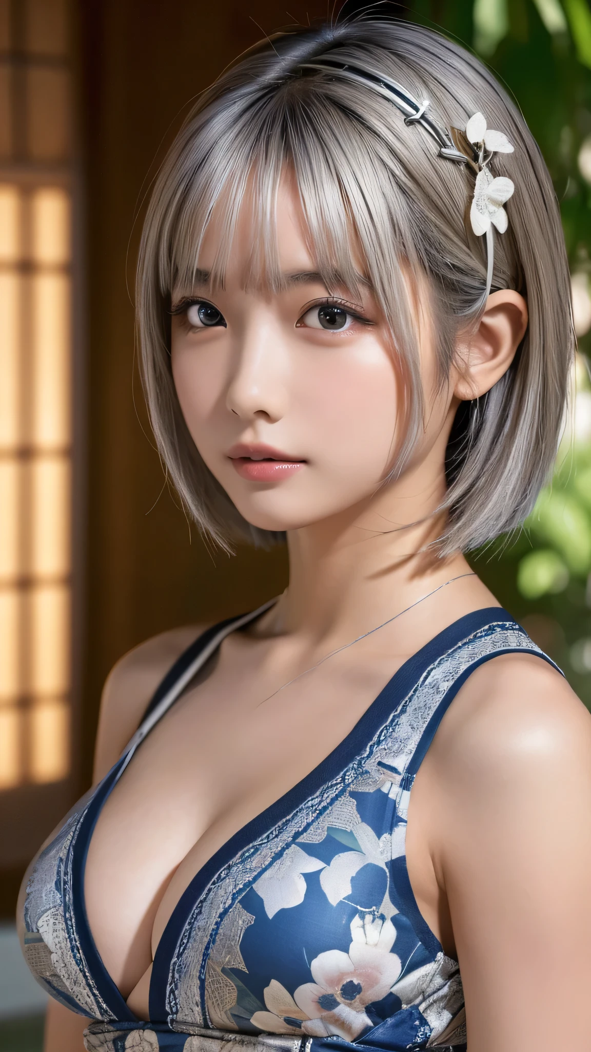 ((masterpiece, Highest quality, High resolution)), 1 Japanese girl, (Realistic: 1.4), excited、Great face,Glossy lips、15 years old, Silver Hair、Silver Hair、short hair, Silver Hair、(Beautiful Hair:1.5), Light Japanese pattern yukata、Japanese-style hairpin、Large Breasts、Cleavage、Japanese garden、Staring、Angle from the front, Smooth, Highly detailed CG composite 8K background, High resolution RAW color photos, Professional photography, Light, BackLight, impressive, Written boundary depth, (Face close-up:1.2)