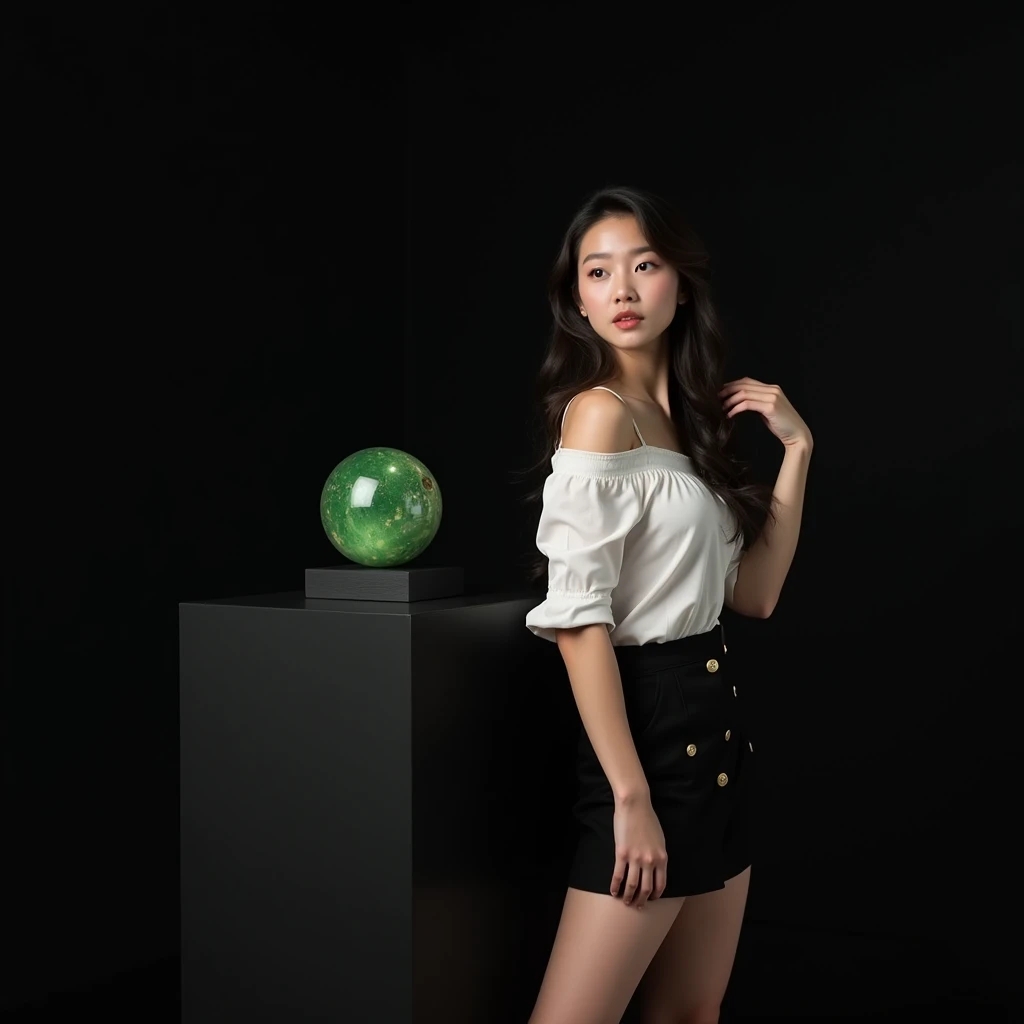 main item is a high ,black table displaying a very small green cude(size like a fist) with no shadow ,  
and a 16years old , BEAUTIFUL ,asian, white shirt,black short skirt, super huge boobs(34 E CUP) ,very white skin tone lady standing next to it 
and the whole body facing the camera
the back ground is a black wall
taking a realistic far view photo