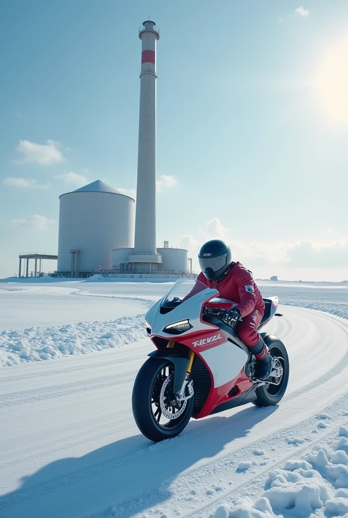Futuristic motorcycle racing on a race track with a power plant at the snowy South Pole