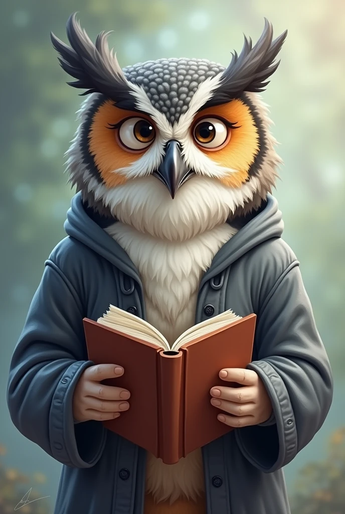 create a cartoon picture of a gray-furred owl professor smiling from ear to ear in appreciation