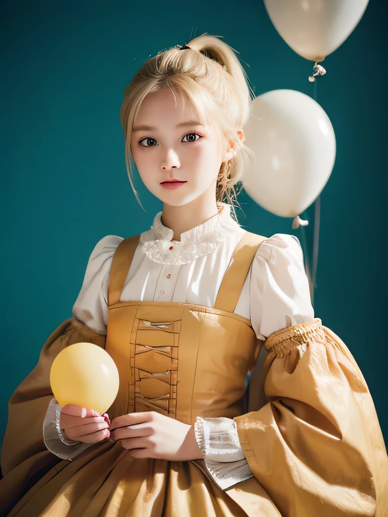 Girl , blonde ponytail, holding a baloon, wearing 17th century dress. DSLR, stunning color, old style camera