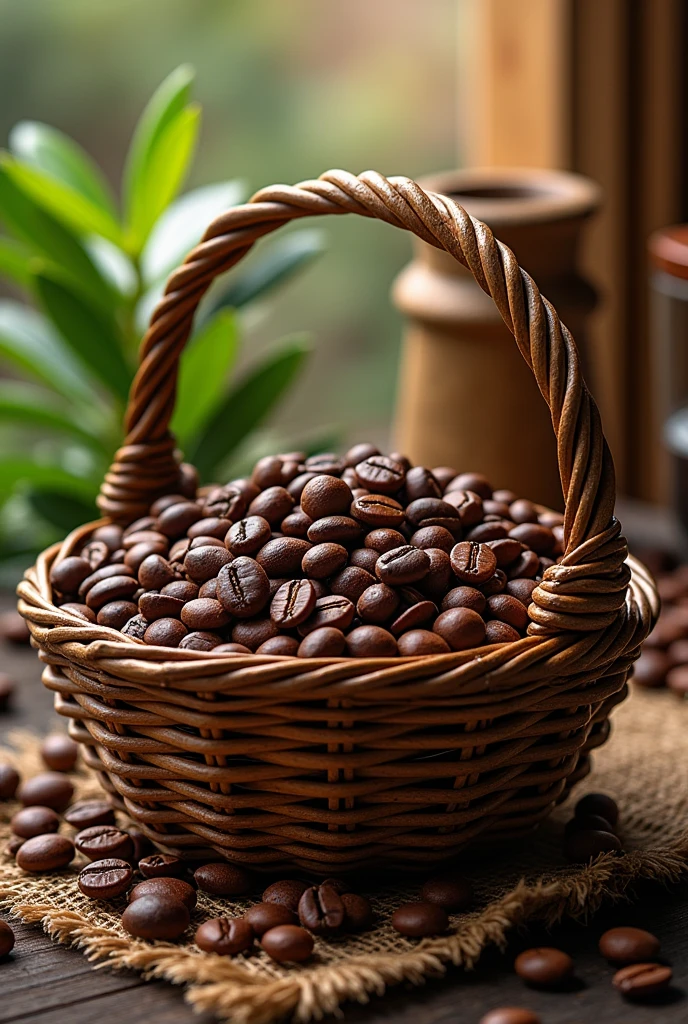 Create an eye-catching coffee basket image for me by putting other photos on top to edit