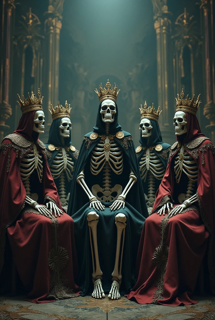 9 skeletons as if they were kings sitting in a half circle as if they were judging us.
