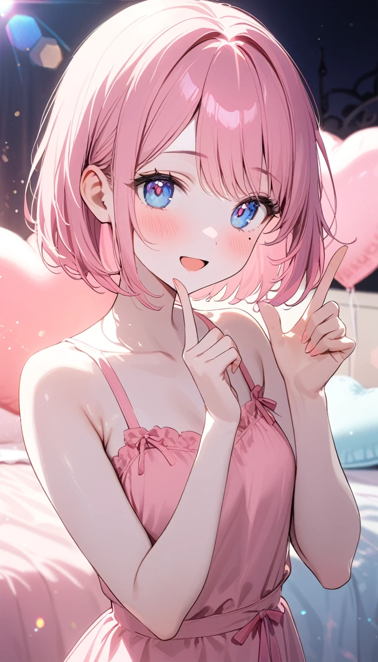 (1 girl),(Best Picture Quality, 8K, Masterpiece:1.3), (high school student:1.5), ((pink lob hair:1.1)), (bob cut),(swept bangs), (cute eyes, pupil black, iris skyblue, youthful face), (mole under right eye), (standard weight), (small breasts),(big hip), (glistening skin:1.1),(pale skin:1.2),(happy:1.4),BREAK,(pink sundress),(Heart Balloon),(Pastel pink Bedroom),(in the night),((portrait)),(index finger raised),((Lens Flare:1.2)).