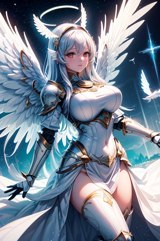 masterpiece, Highly detailed CG integrated 8K wallpaper, 8K Ultra HD, Digital SLR, high quality, clean, ((A goddess in white mechanical armor with large wings, godly aura, Magic, fly in the sky)), Glowing Eyes, Cinema Lighting, 超High resolution, Ultra high definition, High resolution,Huge glowing halo