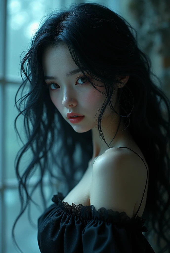 Hot girl with black hair, pretty face cold and siren eyes
