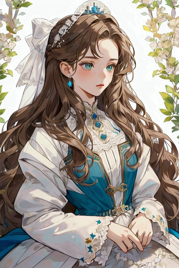 a beautiful twelve years old european noble girl, with green eyes, long wavy brown hair, wearing cute. expensive blue and white gown, with ribbon on her hair, blank background