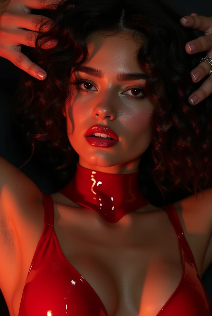 arab woman, young, naked, very curly mullet, septum piercing, dimples, thick belt around neck, naughty expression, man choking woman, choking, transparent red shiny latex bodysuit, close-up, UHD, retina, masterpiece, accurate, anatomically correct, textured skin, super detail, high details, high quality, award winning, best quality, highres