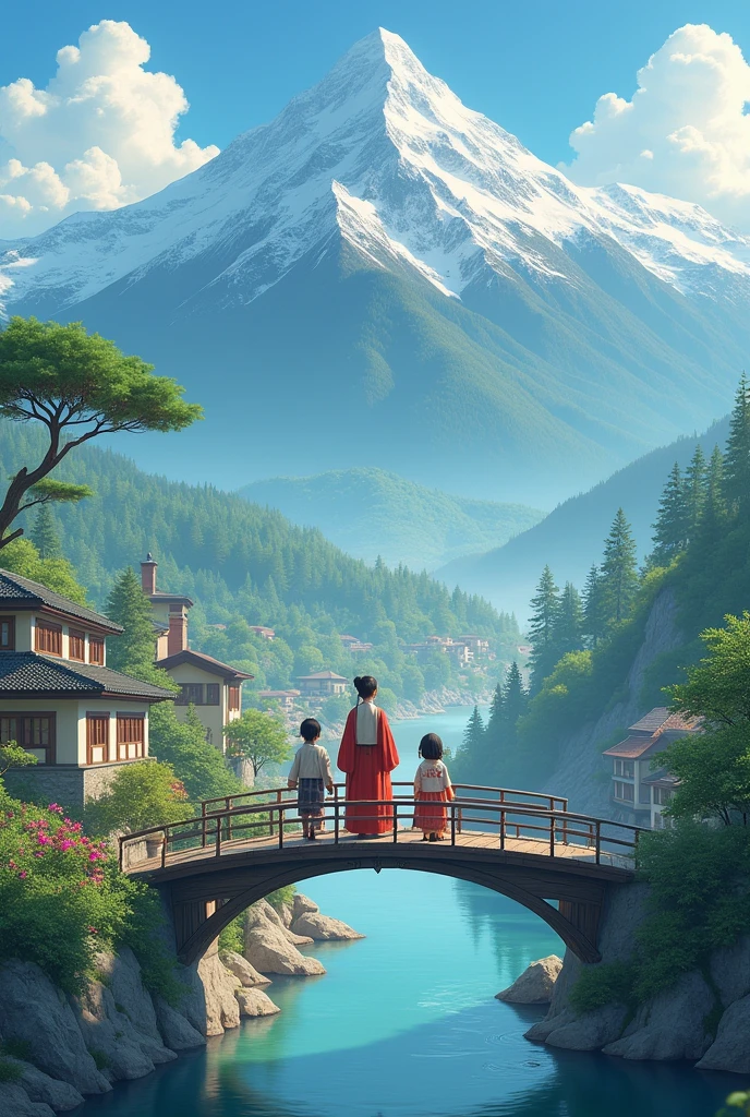 I want a picture which includes mountains small village and a river and a mother with two daughter on the bridge.