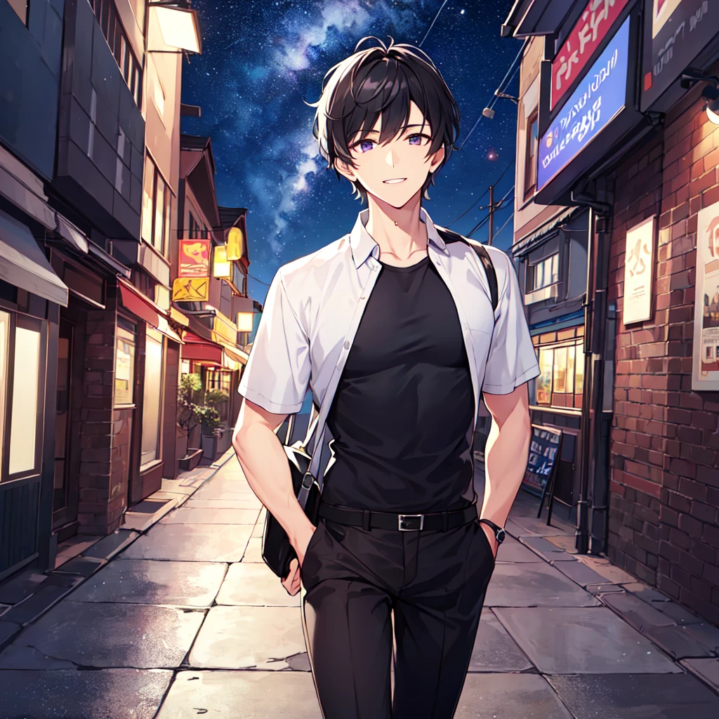masterpiece,best quality,high quality,(1 male austere handsome solo adult age 30 years old:1.5), purple eyes, cool with suspended eyes, V-shaped eyebrows, body strong and fearless 8.5 head tall, height 185cm, (well-groomed black short hair down to neck:1.4), (bangs 7 thirds parted:1.4), slender nose, facial muscles, throat, (short sleeves and pants in summer fashion:1.3), (walking:1.3), (stylish pose), (cool smile:1.3) , (looking at city from summer hill: 1.3), (Milky Way Night Sky:1.3), (upper body:1.3)