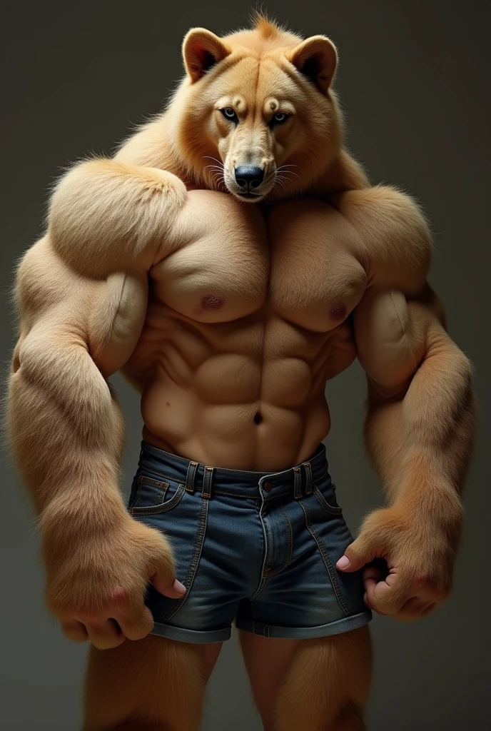 Un furry musclé position sexy vêtements très peut de vêtements et des muscles gonflés énorme