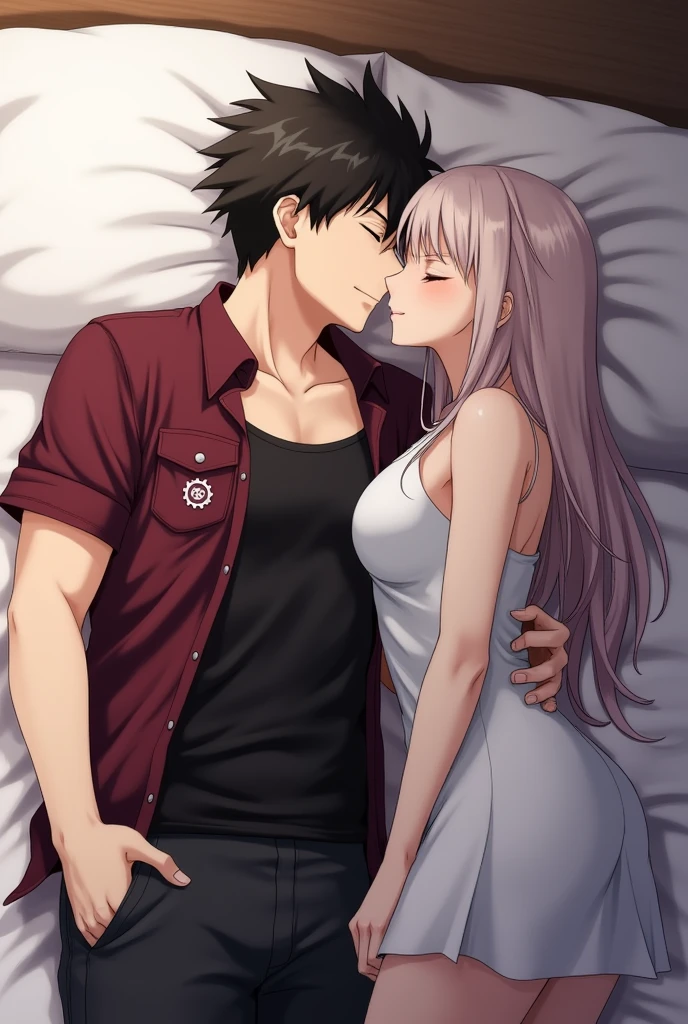 Anime couple in the bedroom, the man wears a black tank top inside, outside is a maroon short-sleeved shirt, unbuttoned all over, there is a gear symbol on the left pocket of the shirt, wearing black pants, the woman wears a white dress, making love on the bed.