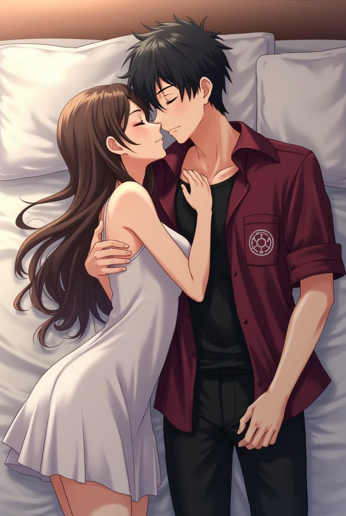 Anime couple in the bedroom, the man wears a black tank top inside, outside is a maroon short-sleeved shirt, unbuttoned all over, there is a gear symbol on the left pocket of the shirt, wearing black pants, the woman wears a white dress, making love on the bed.