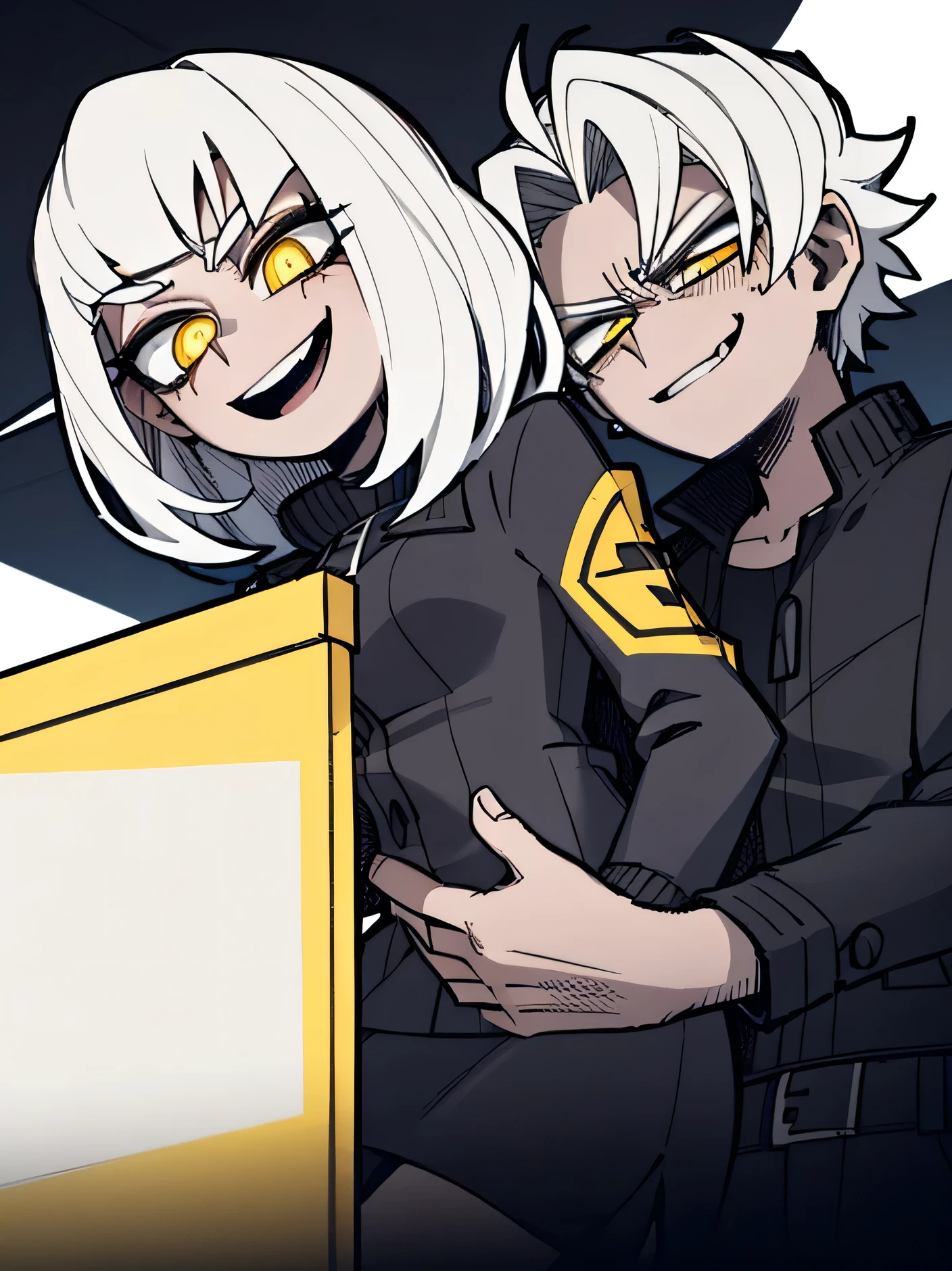 boy, ((( evil smile))) happy facial expression ((( Black jacke))), ((( short branco))), ((( White hair))), (((yellow eyes))) psychopath, a girl hugging him, ((( girl smiling))) sweet, glad, fly away