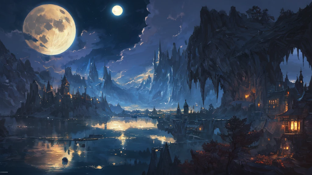 a painting of a river with a full moon in the background, digital art inspired by Andreas Rocha, pixiv contest winner, fantasy art, magical landscape, magical environment, beautiful anime scenery, detailed dreamscape, beautiful anime scene, night scenery, magical dream-like atmosphere, moonlit starry sky environment, anime landscape wallpaper, anime background art, painting of a dreamscape, Surrealism, high detail, from below, from below, Hyperrealism, Impressionism, anime, UHD, award winning, 4K, anatomically correct, super detail, best quality, highres, high quality, masterpiece