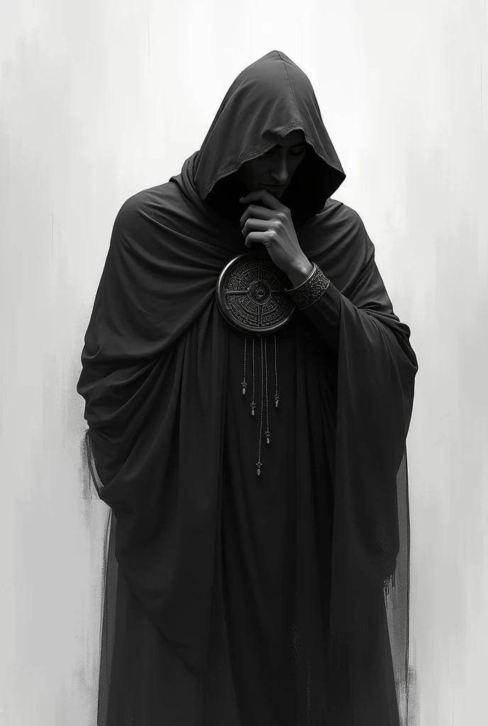 Mistery man with a circle ornament, front facing with head bowed and hands on his chin, in black and white