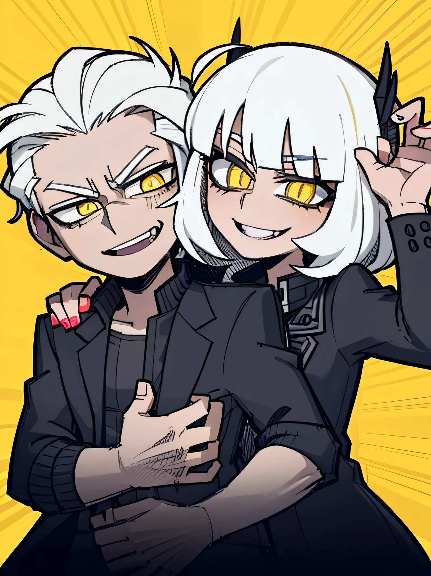 boy, ((( evil smile))) happy facial expression ((( Black jacke))), ((( short branco))), ((( White hair))), (((yellow eyes))) psychopath, a girl hugging him, ((( girl smiling))) sweet, glad, fly away