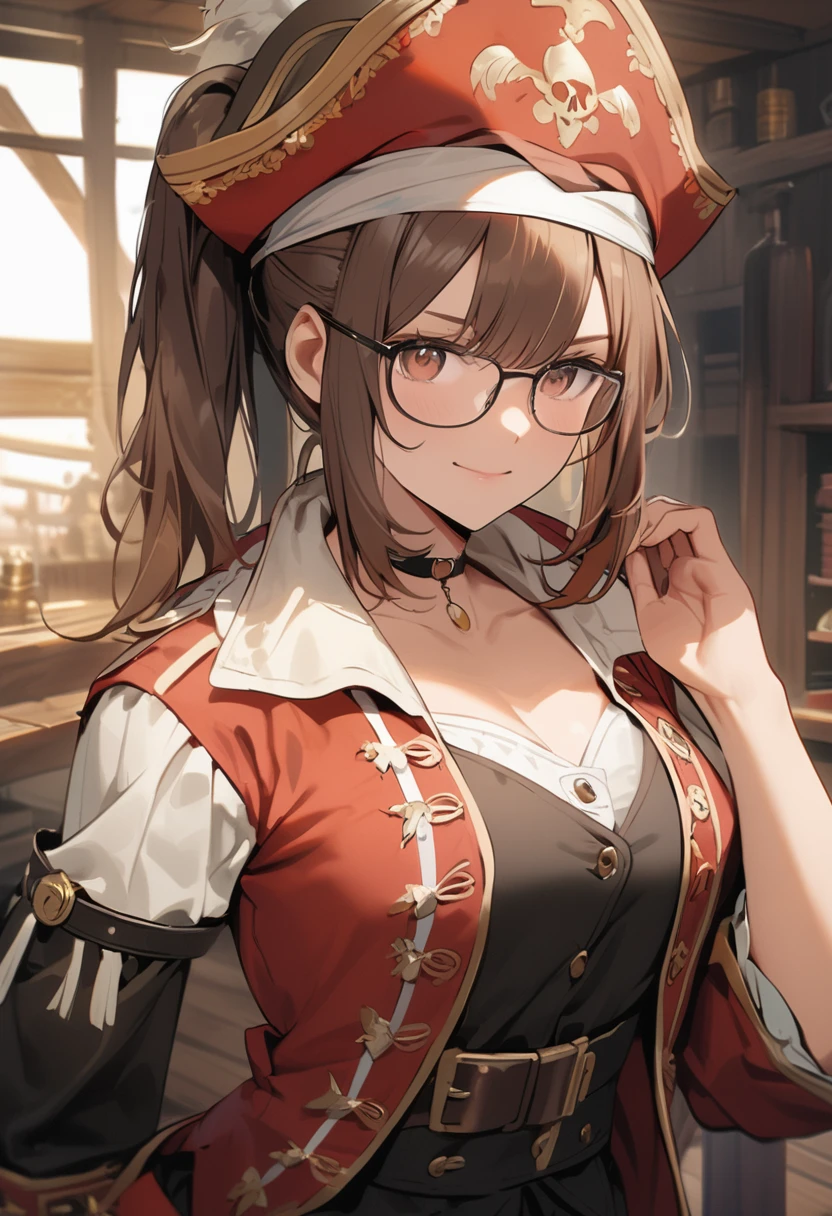 pirate girl,brown hair,ponytail,buffed,glasses,pirate,confident,cheerful