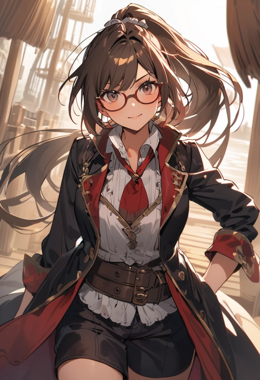 pirate girl,brown hair,ponytail,buffed,glasses,pirate,confident,cheerful