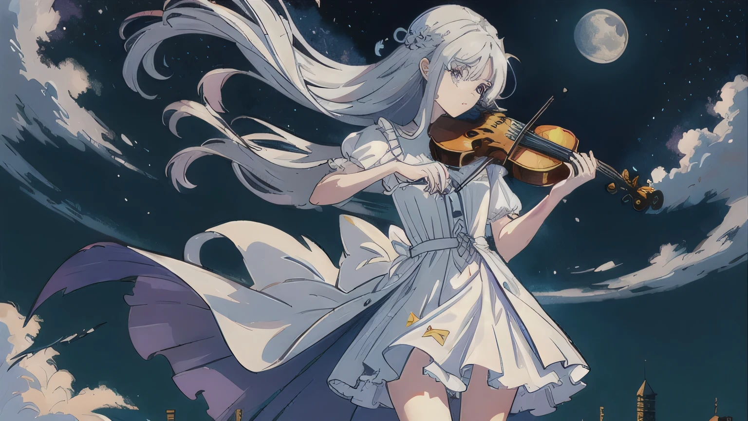 masterpiece, Highest quality, One girl, whole body,Gray Hair,Long Hair,Purple eyes, The body is slim,Slim legs,Playing the violin,White Dress,night,moon,Shooting Star,cloud,Lakeshore,