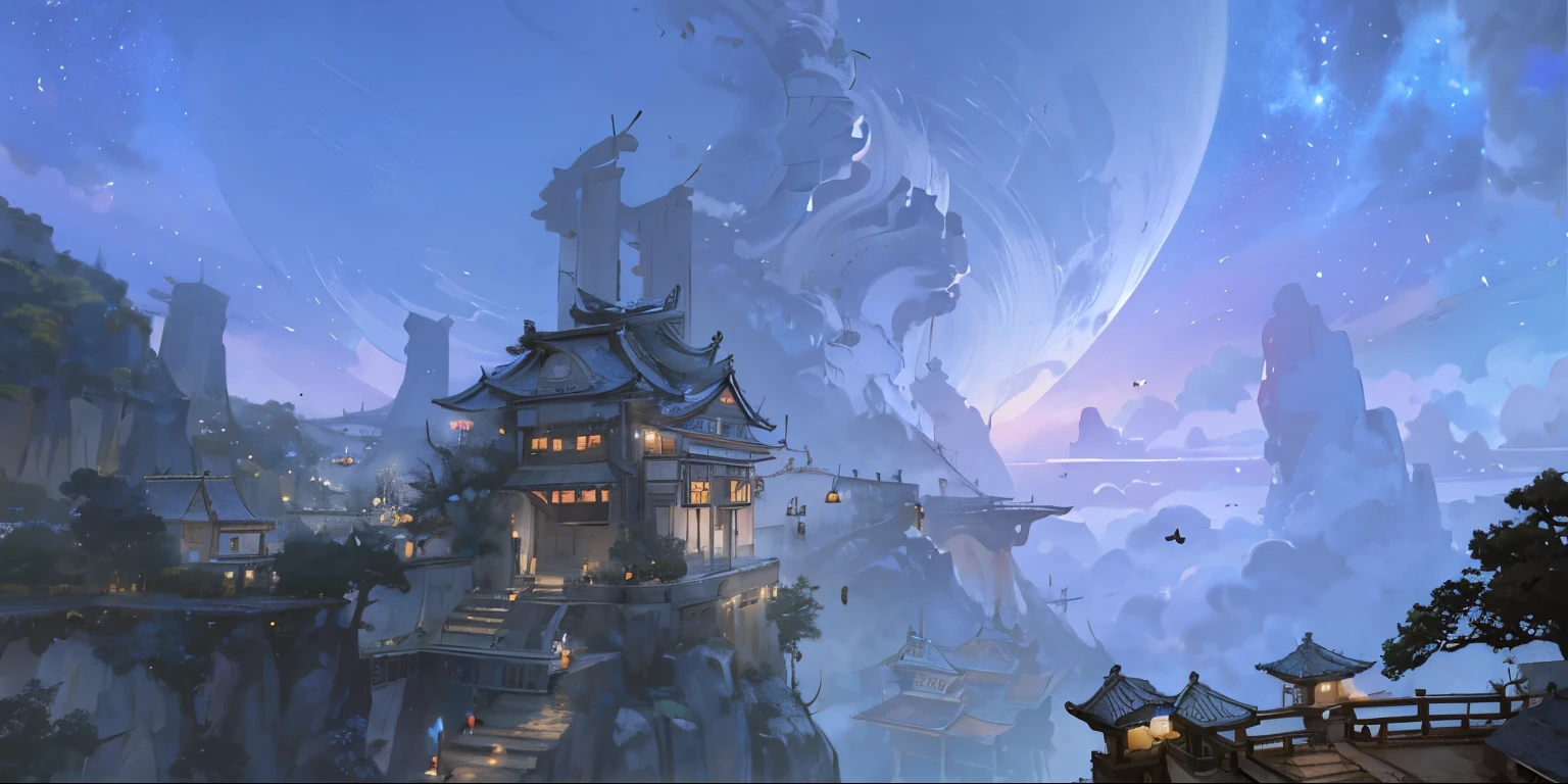 There is a Chinese-style building in the middle of a small island, Game concept art, Final Fantasy Vll World Concept, 2. 5D CGI anime fantasy artwork, Concept World Art, Beautiful concept art, dota matte concept art, Concept Art Wallpaper 4K, conceptartworld, Matte Mystery Dota Pixar, Fantasy concept art, League of Legends concept art ,Ultra-high resolution (Fidelity: 1.4), Ultra-high quality, Extremely detailed CG unity 8k wallpaper, aesthetics, Award-winning photography, True high detail, Detail improvements, Remove blur, complex, The art of travel. Visually stunning. Beautiful city pixels, Blue Hour Photography, Spectacular clouds, Fantasy Clouds,(masterpiece), (best quality), (Japanese cartoons), (rural), (old),, (((monochrome))), (((sketch)))