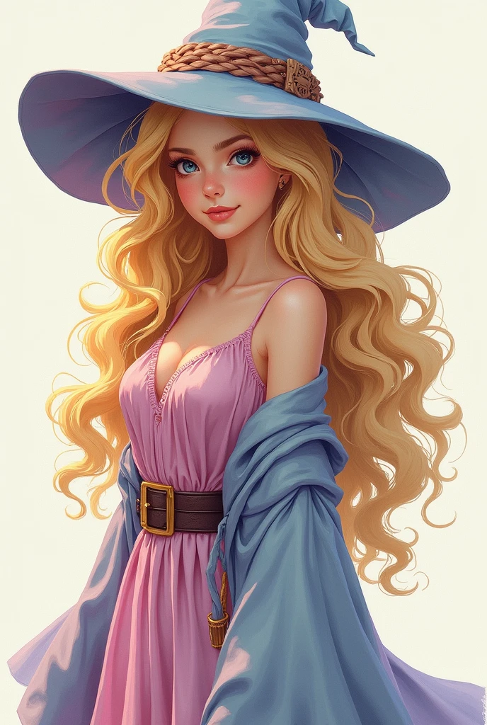 Fantasy art style, colorful drawing, character portrait, female human wizard, blonde curly hair, pastel clothes