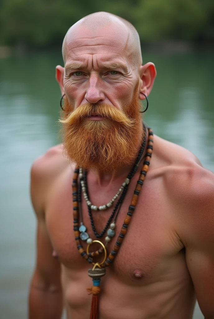 59 year old bald man with blond hair, layered bob, voluminous red beard, blonde, yellowish brown eyes, muscular body with a slight belly and hairy and veiny, wearing hoop piercings in his ear and an Indian necklace, completely naked on the edge of a river