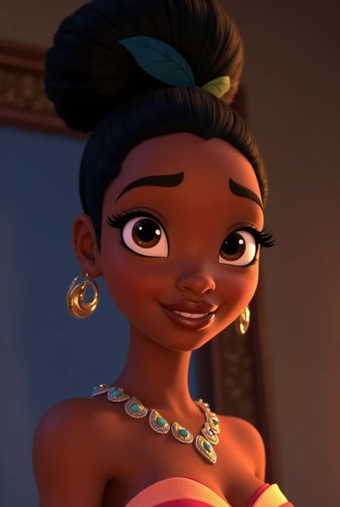 princess Tiana, mohawk haircut, evening gown, night vision, glasses, simple look, regular person, high quality, cartoon style, Disney style, beautiful detailed eyes, beautiful detailed lips, extremely detailed eyes and face, long eyelashes, intricate details, vivid colors, photorealistic, cinematic lighting, dramatic shadows, cinematic composition, warm color palette