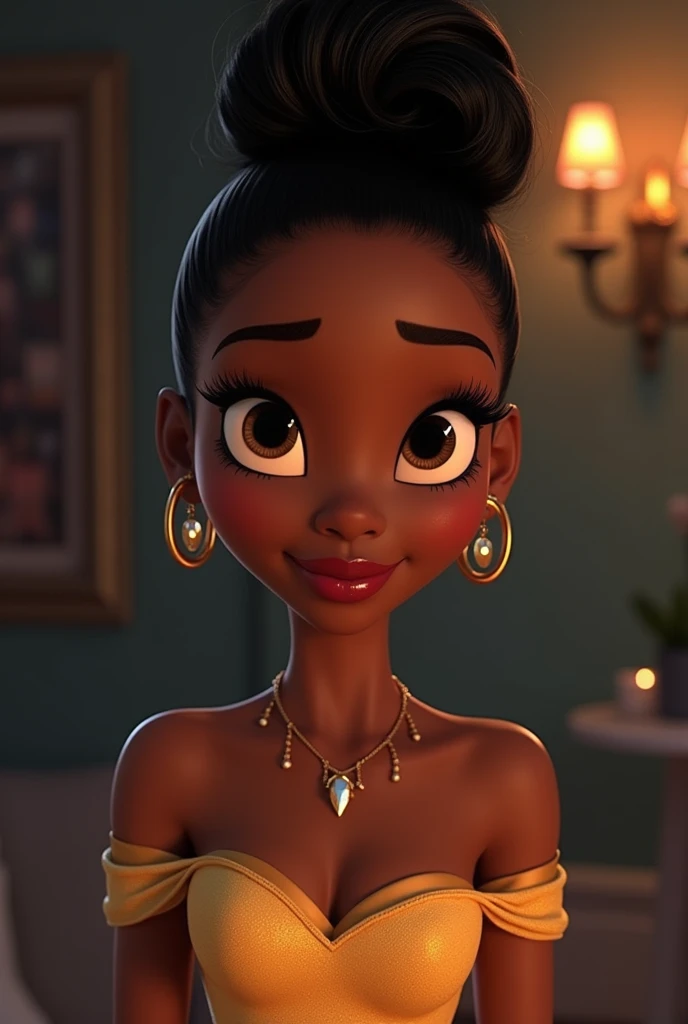 princess Tiana, mohawk haircut, evening gown, night vision, glasses, simple look, regular person, high quality, cartoon style, Disney style, beautiful detailed eyes, beautiful detailed lips, extremely detailed eyes and face, long eyelashes, intricate details, vivid colors, photorealistic, cinematic lighting, dramatic shadows, cinematic composition, warm color palette