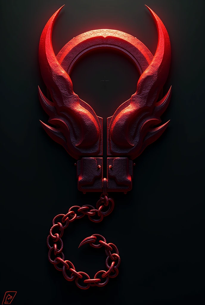 (logo design) evil logo, a striking red handcuff, adorned with sharp, menacing demon horns, and a sinuous chain tail extending from the base, dynamic and bold, emphasizing a dark theme, glossy finish, high-resolution, creating an impression of malevolence and power.
