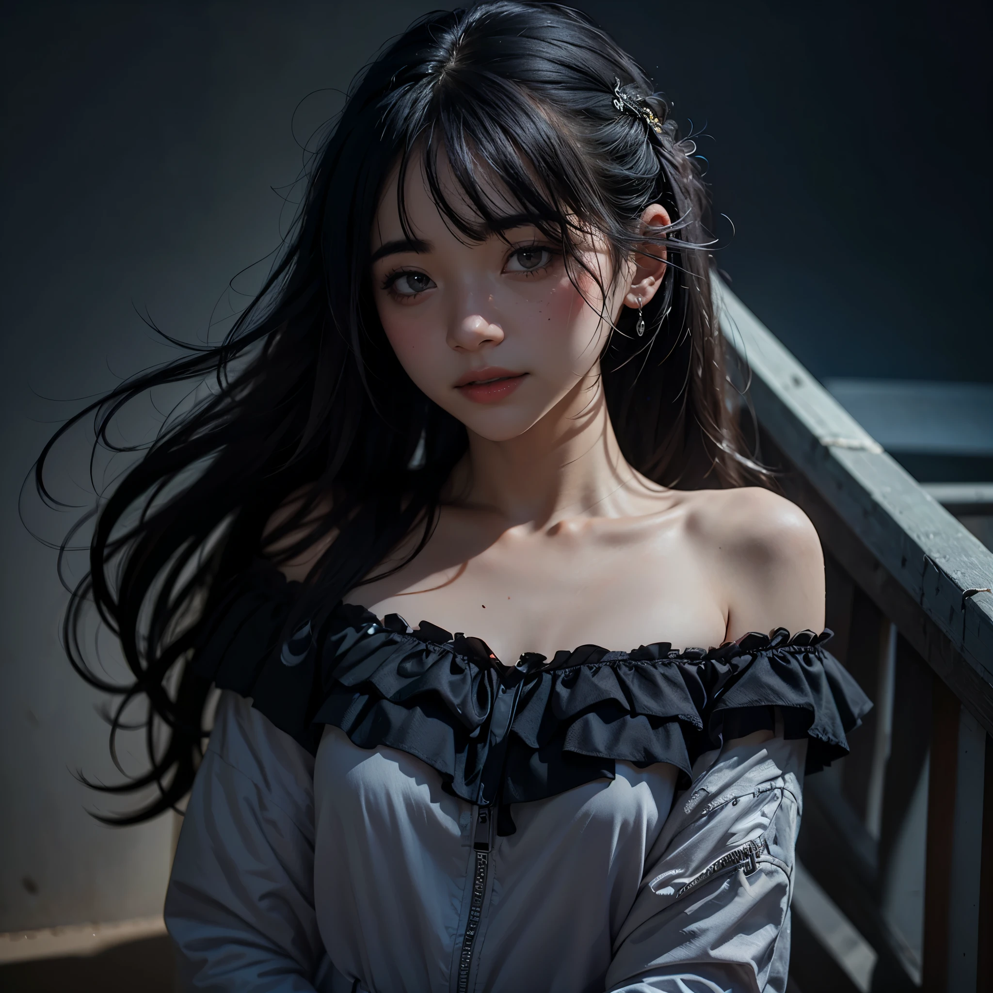 Best quality, masterpiece, ultra high res, (photorealistic:1.4), raw photo, 1girl, offshoulder, in the dark, deep shadow, low key, cold light