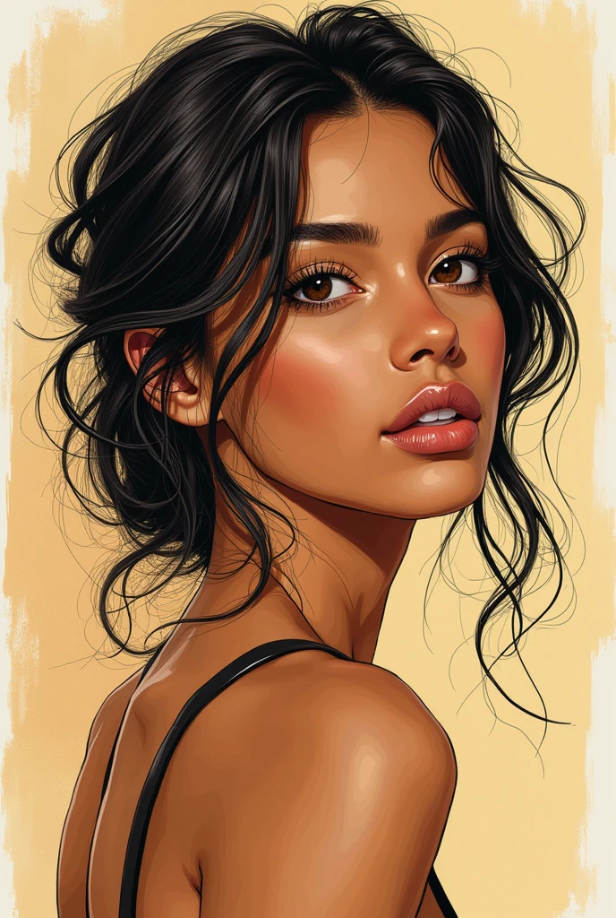 create a line art with kooleen's art style (semi-realistic style) featuring a typical golden-toned darkskin brazilian girl and make it look like a thirst trap