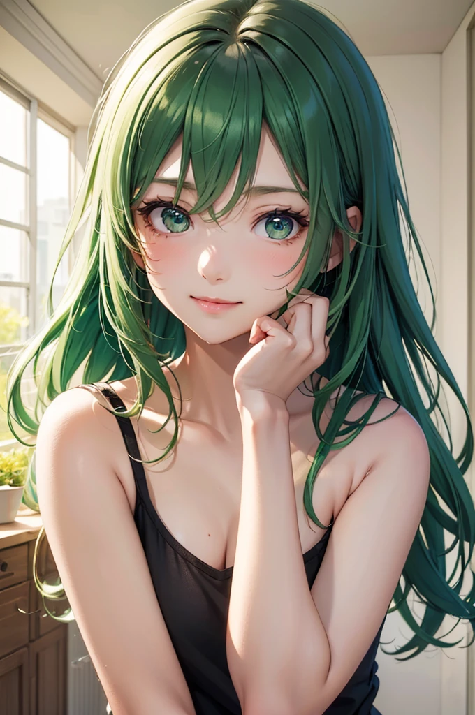 Best Quality,High resolution,8k,finelity detailed background,Masterpiece:1.2),beautiful girl,Shiny green hair,messy hair,Green Eyes,Gentle look,A refreshing look,smile,Best quality,Best Quality,Aesthetic and aesthetic:1.2,Best details((Super detailed))(High-definition CG illustrations),Tank top,Slender body,noon,room,smile,blush,cute,Scrounge,Looking up,Being spoiled,super model,focus face