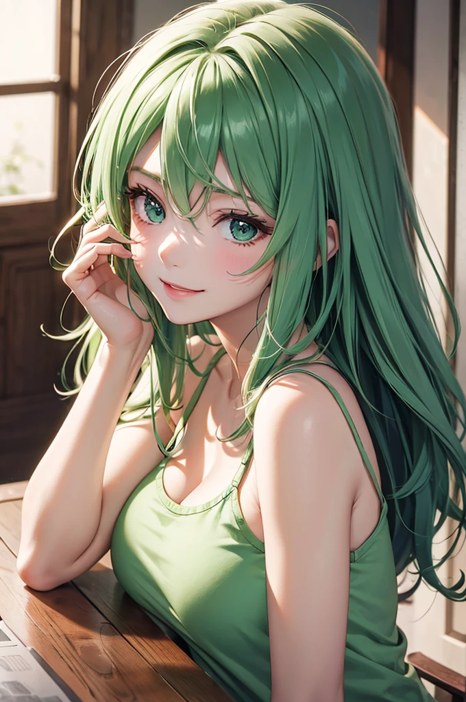 Best Quality,High resolution,8k,finelity detailed background,Masterpiece:1.2),beautiful girl,Shiny green hair,messy hair,Green Eyes,Gentle look,A refreshing look,smile,Best quality,Best Quality,Aesthetic and aesthetic:1.2,Best details((Super detailed))(High-definition CG illustrations),Tank top,Slender body,noon,room,smile,blush,cute,Scrounge,Looking up,Being spoiled,super model,focus face