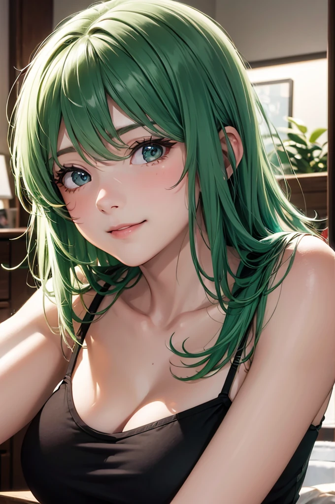 Best Quality,High resolution,8k,finelity detailed background,Masterpiece:1.2),beautiful girl,Shiny green hair,messy hair,Green Eyes,Gentle look,A refreshing look,smile,Best quality,Best Quality,Aesthetic and aesthetic:1.2,Best details((Super detailed))(High-definition CG illustrations),Tank top,Slender body,noon,room,smile,blush,cute,Scrounge,Looking up,Being spoiled,super model,focus face