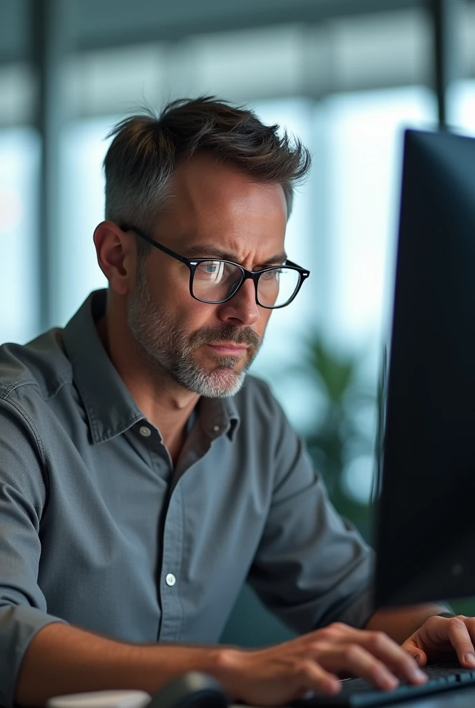 Working hard man front of computer without trading