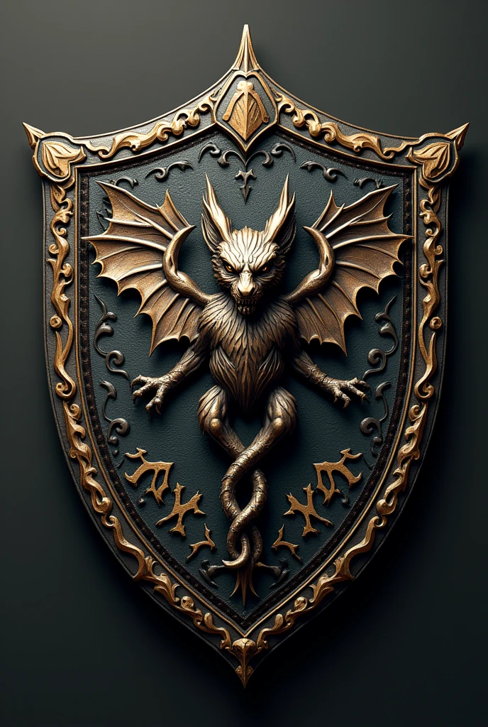 Create a family shield related to medicine, Medieval appearance with Gothic style, His representative animal is a gargoyle and the surname he has is R D&#39;valerian

