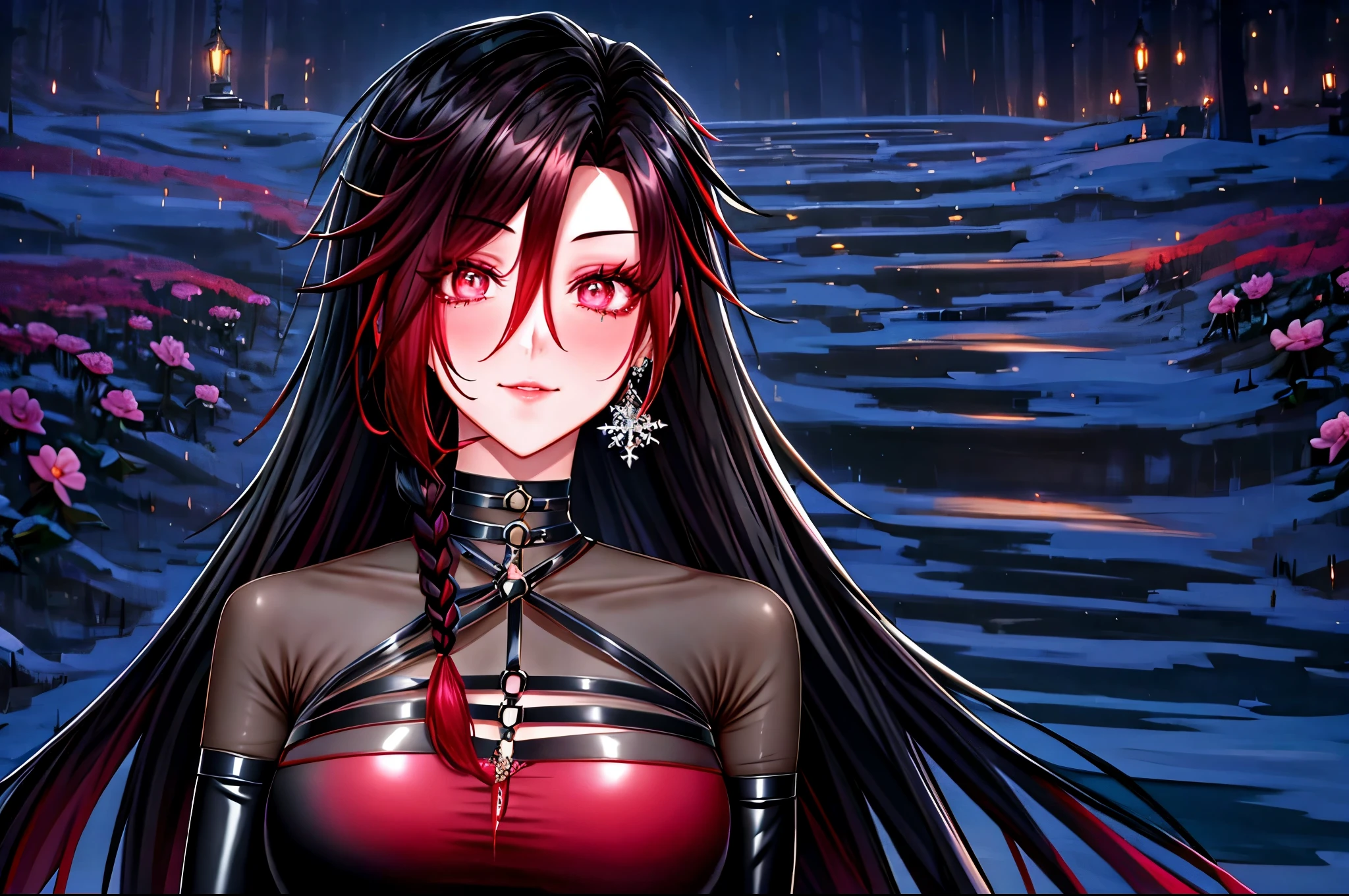 shoujo style, frosty style, (romantic manhwa), 1 girl, black cyclamen hair, solo, long braided hair, long braid, dress, red cyclamen eyes, mascara, makeup, elbow gloves, bra, jewelry, many ear piercings , viewer, collarbone, accessories, upper body, parted bangs, braided hair, side braid, black dress, bangs, outdoors, detailed eyes, dynamic cut, walking in a rose field at night, flowers, warm, summer environment, beach, evil smiles 