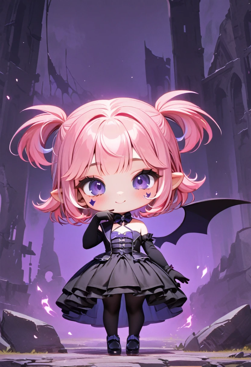 master piece, best quality, ultra-detailed, illustration, midnight, gloomy atmosphere, broken church, alter isle, broken walls, ruins, purple flames, 1girl, solo, chibi, (big head), cute pose, front view, looking at viewer, ((full body Close up)), chubby, fat, 1girl, solo, camilavtuber, ((pink hair)), (twin-tail hair), short hair, shoulder length hair, (black head wings), purple eyes, (facial mark), smiling, slim arms, black laced arm sleeves, black gloves ,small chest, (single back wing:1.4), tail, black wedding gown, slim legs, black laced stockings, black high heels, full body shot, close up, innocent pose, Eye-Level Shot, front view, innocent pose