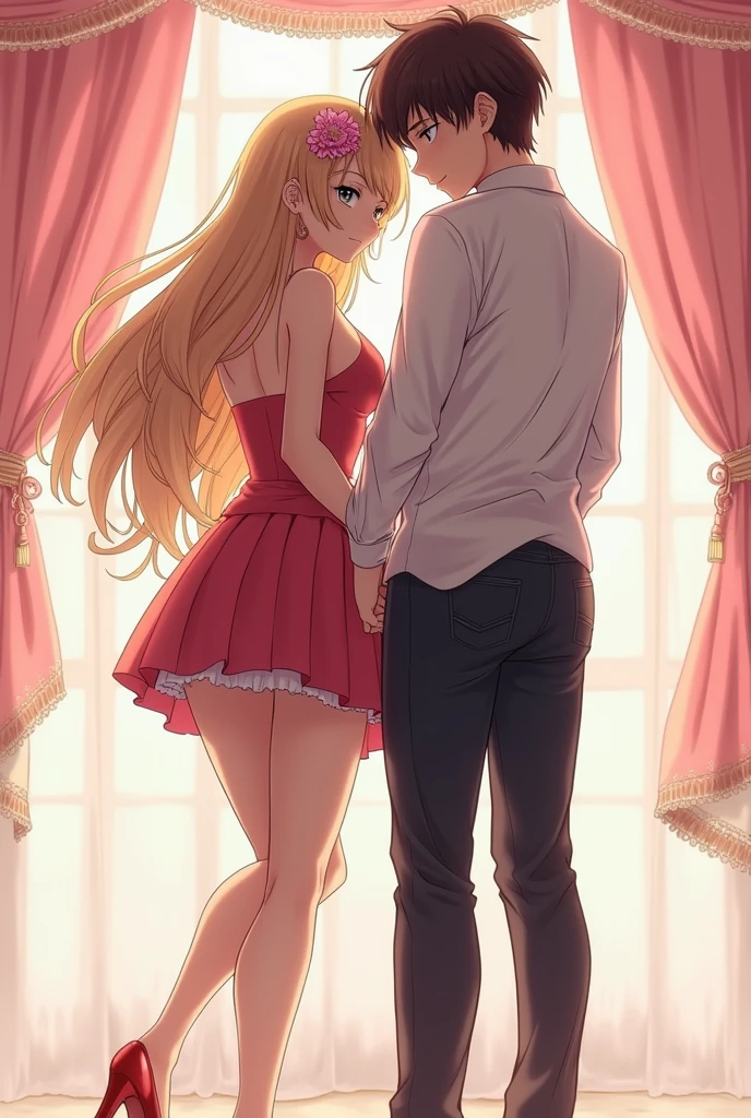 Make anime anime female with tight dress and a boy touching in between her legs