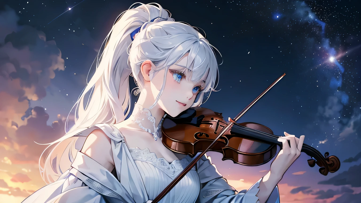 8k, artwork, woman, Pale skin, White updo, Crystal Eyes, White Dress, 4K, アニメ, Starry Sky, Gazing at the sky, ponytail,Violin playing, Beautiful and detailed, smile, Highest quality, Ultra-high resolution, super Detailed Description, Detailed Description, best アニメ, Best artwork, Ultra-precise art, Overwhelming depiction, Art in every detail
