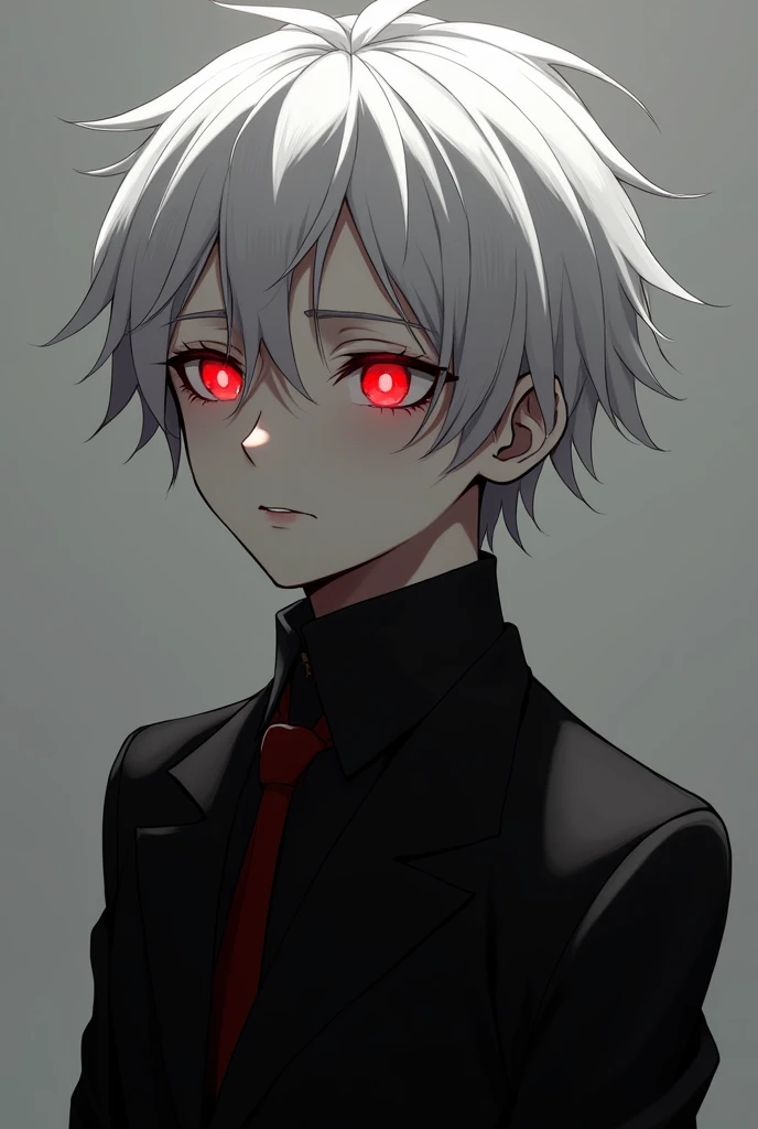 ((One Person)),Anime boy with white hair and red eyes staring, Glowing red eyes,slim, dressed in a black outfit,monochromes,hair messy,deadpan