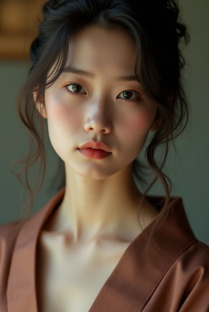 An elegantly dressed Japanese woman in natural light、A close-up of her chest and calm expression.、It shows her inner peace and outer charm.。