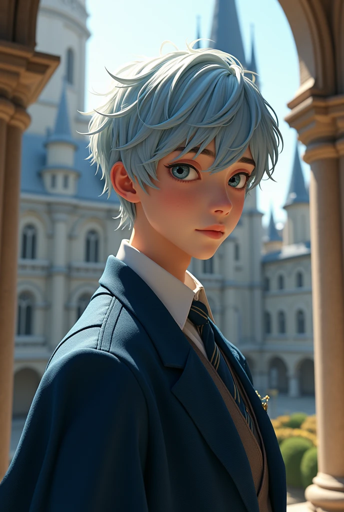 A young foreign man with light blue-white hair who attends a magic school.