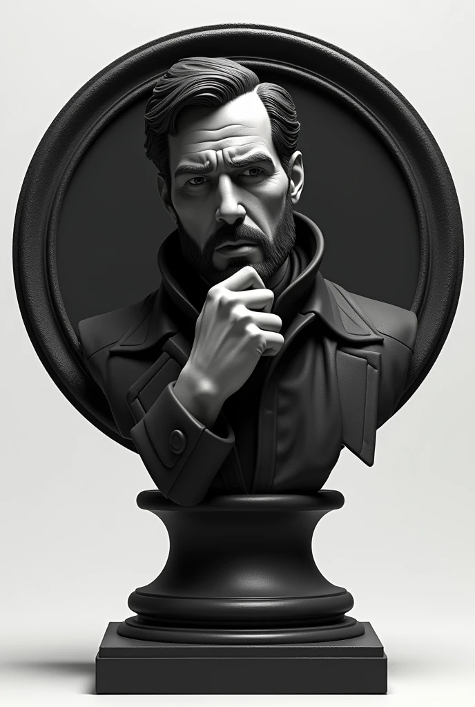 Bust of a Mistery detective man with a circle ornament frame, front facing camera with head bowed and hands on his chin, in black and white