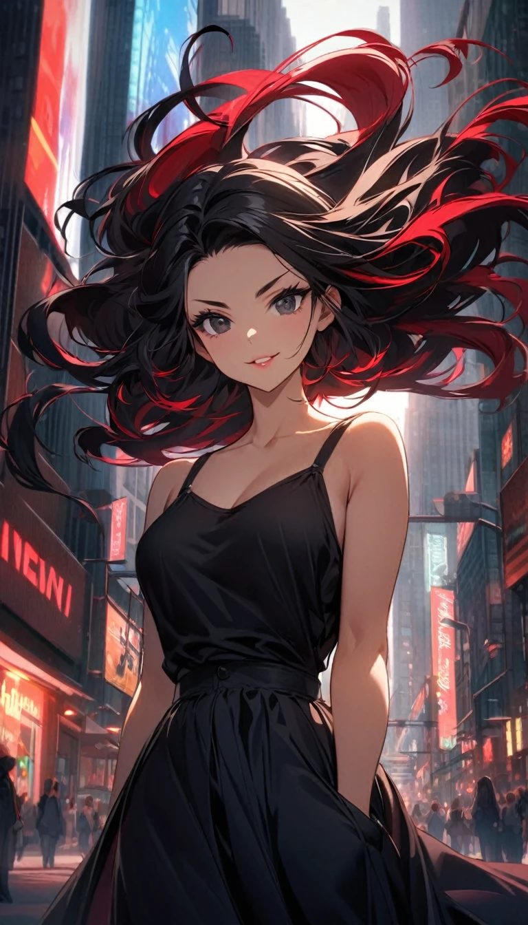 "Create an image of a woman with long, curly black hair interspersed with striking crimson red streaks. Her hair is voluminous and flows down her back in soft, long waves with the black base providing a dramatic backdrop and the crimson streaks creating a vibrant contrast. The red streaks are woven throughout her hair, enhancing the curls and making the color pop with dynamic intensity.
She is standing in a bustling, modern city street, surrounded by towering buildings and neon lights. Her pose is relaxed yet confident, with one hand casually resting in the pocket of her black skirt and the other lightly holding a coffee cup or shopping bag.
Her face is long and oval-shaped, featuring a well-defined jawline and a prominent, graceful chin. Her deep, intense black eyes are framed by long, dark lashes and well-shaped eyebrows, giving her a captivating and engaging look. Her gaze is serene and self-assured, reflecting both confidence and curiosity about the world around her.
Her smile is warm and genuine, with her full lips curving up subtly, conveying ease and friendliness. She is dressed in a black skirt that complements her feminine figure and a dark blue crop top that contrasts elegantly with her hair. Her toned abdomen is visible, showcasing herphysique while maintaining a graceful, feminine silhouette. The urban backdrop, with its lively atmosphere and bright lights, enhances the woman's sophisticated yet approachable appearance."