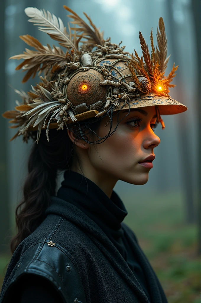 Never before seen hat, cardboard materials, LED lights, decorated with feathers and small bones 