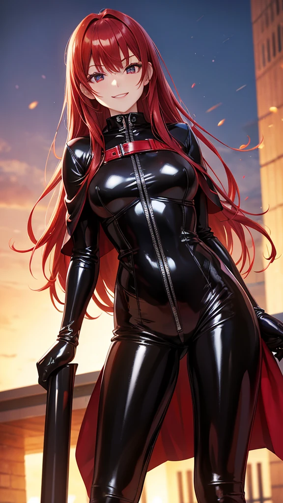 17 year old red haired female with sadistic smile wearing black shiny PVC bodysuit and black shiny PVC cape in high resolution, Highest quality, Shortcuts,