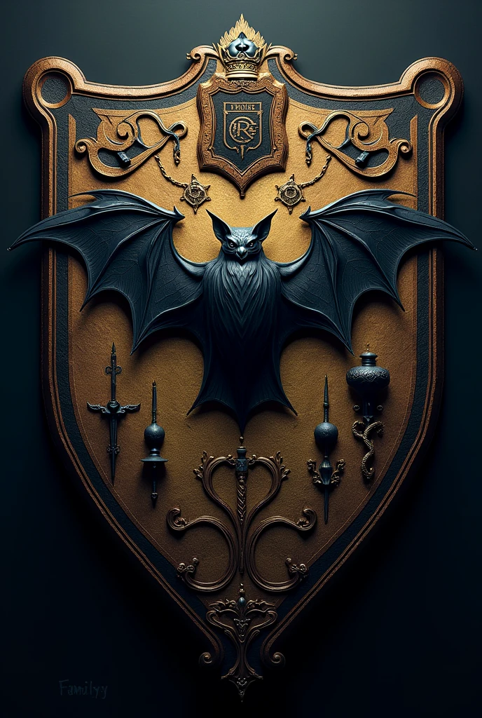 Create a family shield related to medicine, Medieval appearance with Gothic style, His representative animal is a bat and the surname he has is R D'valerian