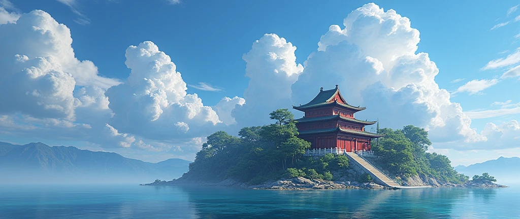 There is a Chinese-style building in the middle of a small island, Game concept art, Final Fantasy Vll World Concept, 2. 5D CGI anime fantasy artwork, Concept World Art, Beautiful concept art, dota matte concept art, Concept Art Wallpaper 4K, conceptartworld, Matte Mystery Dota Pixar, Fantasy concept art, League of Legends concept art ,Ultra-high resolution (Fidelity: 1.4), Ultra-high quality, Extremely detailed CG unity 8k wallpaper, aesthetics, Award-winning photography, True high detail, Detail improvements, Remove blur, complex, The art of travel. Visually stunning. Beautiful city pixels, Blue Hour Photography, Spectacular clouds, Fantasy Clouds,(masterpiece), (best quality), (Japanese cartoons), (((sketch)))